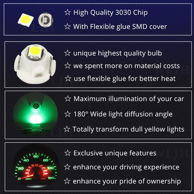 WLJH 10x Green T4.2 Neo Wedge Led 3030 Chipest 10mm Base Car Instrument Cluster Dashboard Gauge Bulb HVAC AC Heater Climate Control Lamps Switch Indication Interior Light Replacement - Image 3